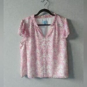 CECE Women's Floral Pink Cap Sleeve Feminine Whimsical Boho Blouse SZ XL